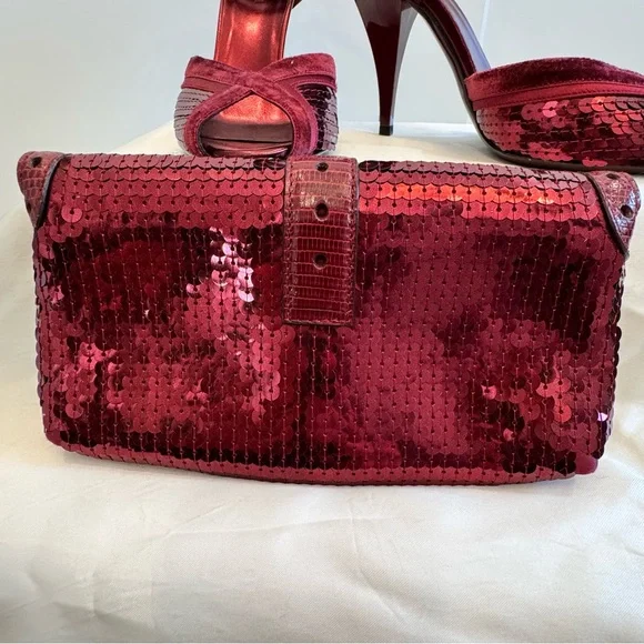 Rare Gucci Broadway Bordeaux Burgundy Velvet Sequins Clutch and Heels Set 6.5 - Picture 4 of 16
